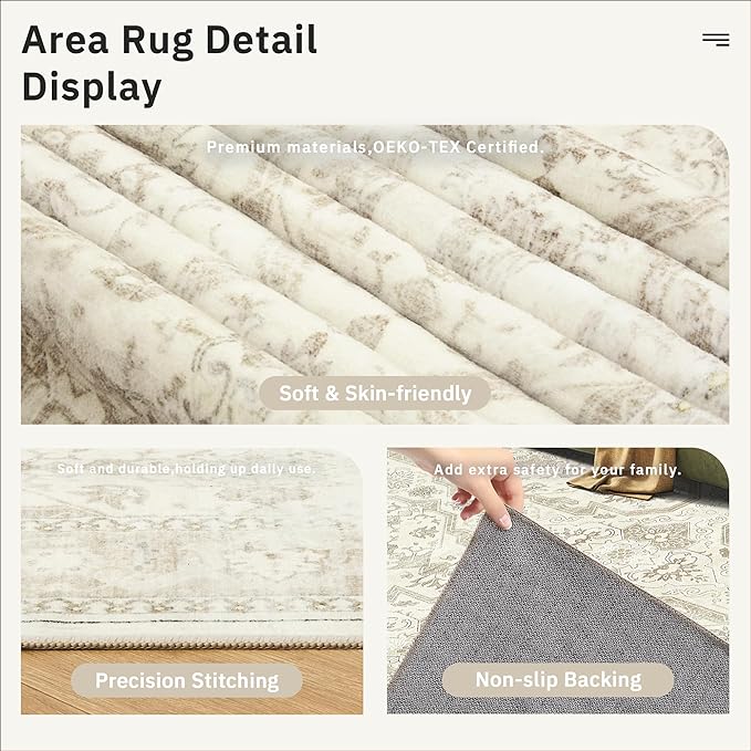 4x6 Area Rugs for Living Room, Vintage Washable Rugs for Dining Room, Bedroom, Home Office Decor, Non-Slip Beige/Brown Carpet Thin Rug