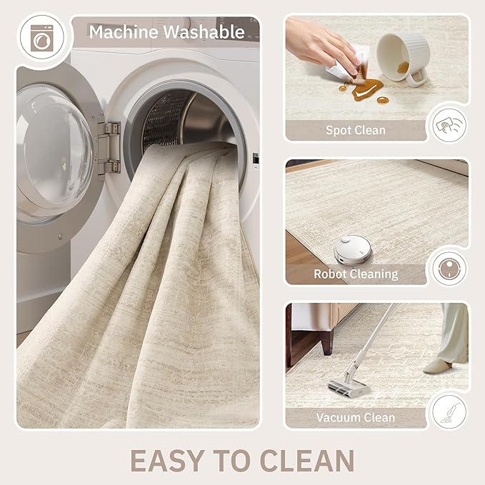 8x10 Area Rugs for Living Room, Washable Vintage Floral Non-Slip Low Pile Natural Rug Soft Throw Large Carpet for Dining Room Bedroom Home Office (Beige/Cream, 8'x10')