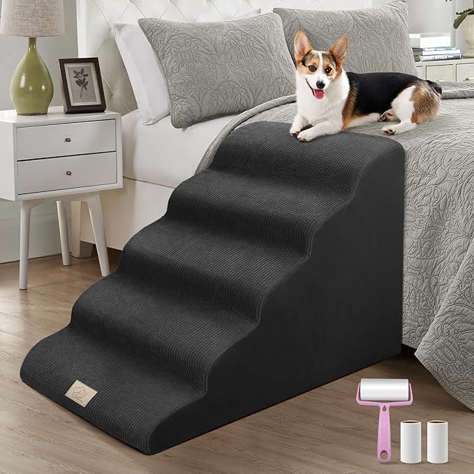 Mestuel Dog Stairs for High Bed, 22.8in Large Foam Pet Stairs to High Bed, 5 Steps Dog Stairs Ramp Indoor with Non-Slip Bottom, Pet Stairs for Large Small Medium Dogs, Black