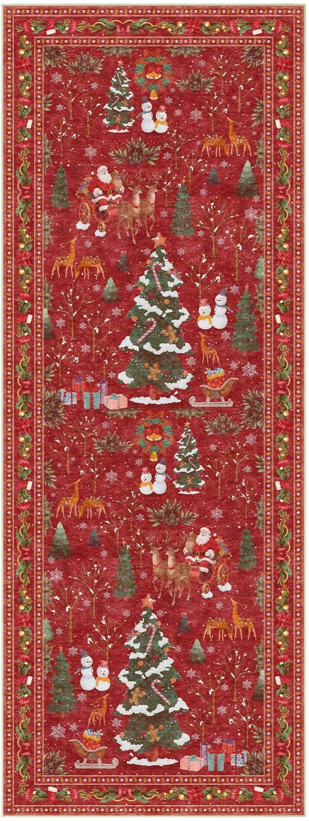 Christmas Runner Rug for Hallway: 3x8 Neutral Modern Festive Low Pile Soft Thin Indoor Carpet for Bedroom Kitchen Mat Kids Room Holiday Decor - Red