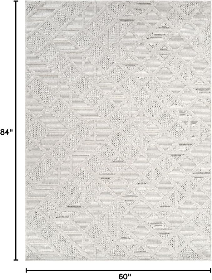 Modern Micro Loop Indoor Area Rugs for Living Room Bedroom Kitchen Geometric Square White 5x7 Luxury Durable Low and High Pile Non-Shedding Stain Resistant Soft Area Carpet 5 x 7