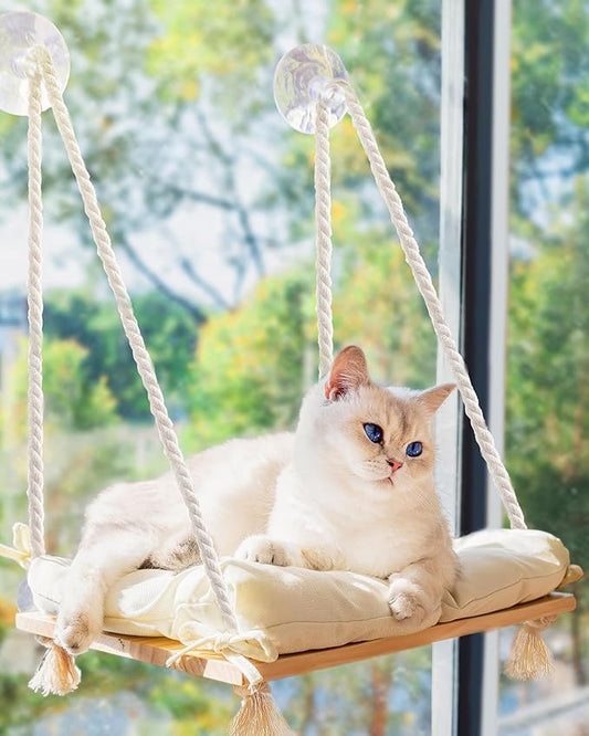 Cat Window Perch with Industrial-Grade Suction Cups - Solid Pine Wood Hammock Bed, Soft Cushion - 42 lb Capacity for Cats Inside