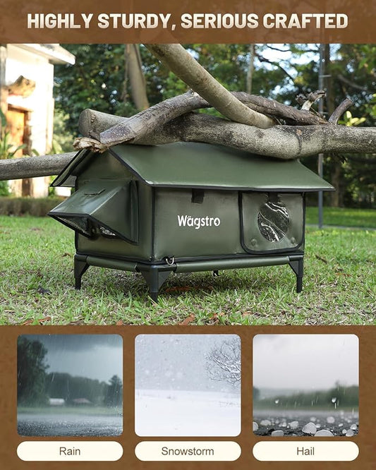 Gable Heated Cat House for Outside Cats in Winter, 100% Waterproof, Escape Door, Elevated, Insulated Outdoor Cat House Shelter with Heater for Feral Cat (Olive Green, 16"x16"x19")
