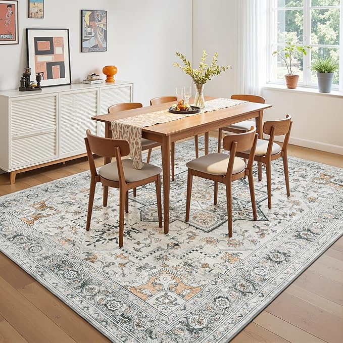 Lessymo 5x7 Area Rugs for Living Room, Washable Rug for Bedroom Kitchen Dining Room, Soft Vintage Carpet Non Slip, Large Boho Rug Low Pile for Entryway Dorm Nursery Kids Room Bedside, Grey/Brown