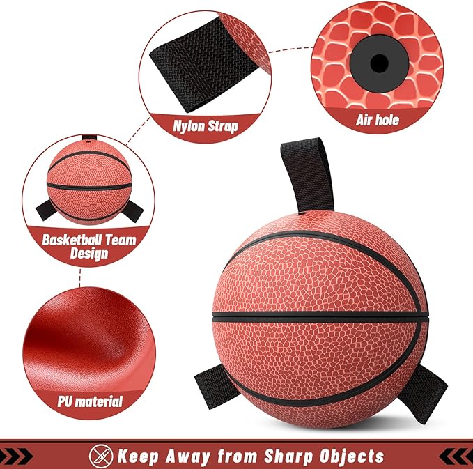 QDAN Dog Ball Basketball Toys, Balls with Straps, Dog Water Toy Pool Toys for Small Medium Dogs (6 Inch)
