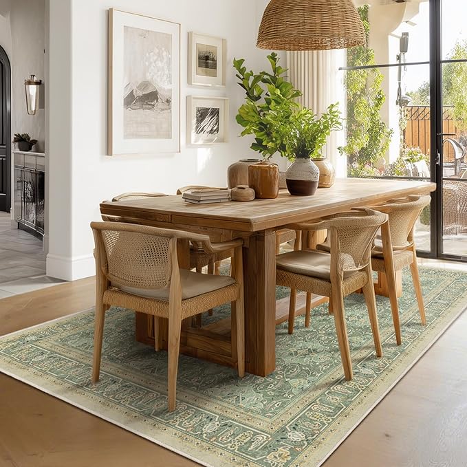Boho Sage Green 6x9 Area Rug, Non Slip Washable Rugs for Living Room Bedroom Low Pile Thin, Floral Moroccan Pattern Printed Carpet Rug for Dining Room Home Office Nursery Playroom