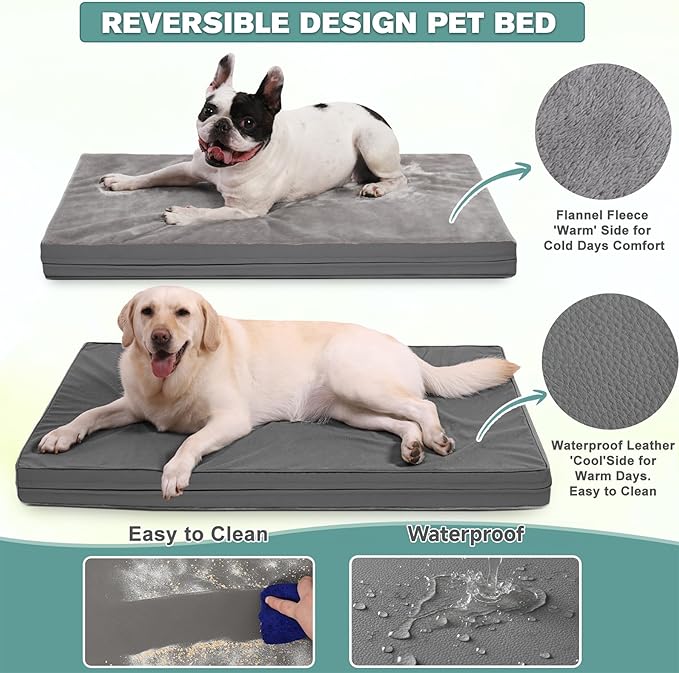 Waterproof Dog Beds Large Sized Dogs, Washable Orthopedic Pet Bed with Removable Cover Reversible, Foam Pets Bed Durable Anti-Slip Bottom, 36"x27", Gray