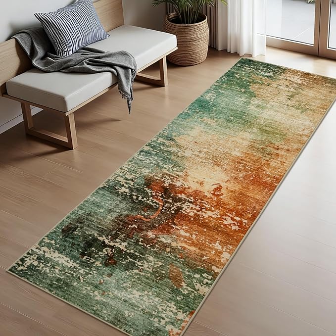 Joydeco 2x6 Washable Runner Rug for Hallway, Modern Abstract Non-Slip Soft Rugs, Low Pile Carpet for Entryway, Bedroom, Kitchen, Laundry, Green & Orange & White