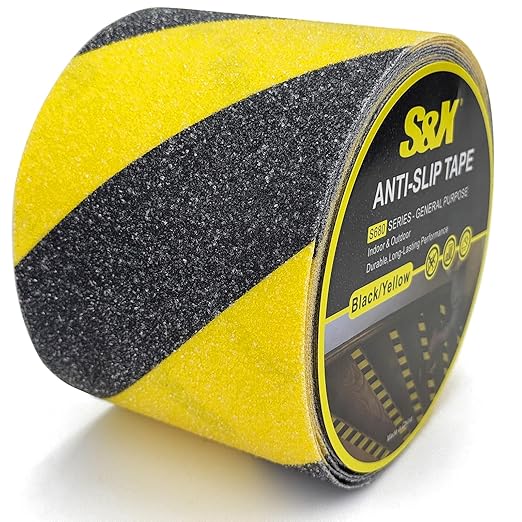 S&X Black/Yellow Anti Slip Tape 4" x 33 FT, Heavy-Duty Grip Tape for Stairs Outdoor Waterproof Safety Non Skid Roll High Traction Non Slip Treads with Hard-Wearing Surface