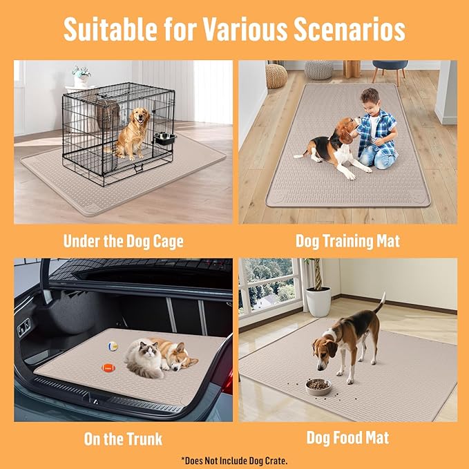 Silicone Dog Bed Mat, 50"x 35" Crate Mat for Dog Cages, Kennel Mat with Raised Edge, Washable, Waterproof, Leakproof, Protect Floors (Khaki)