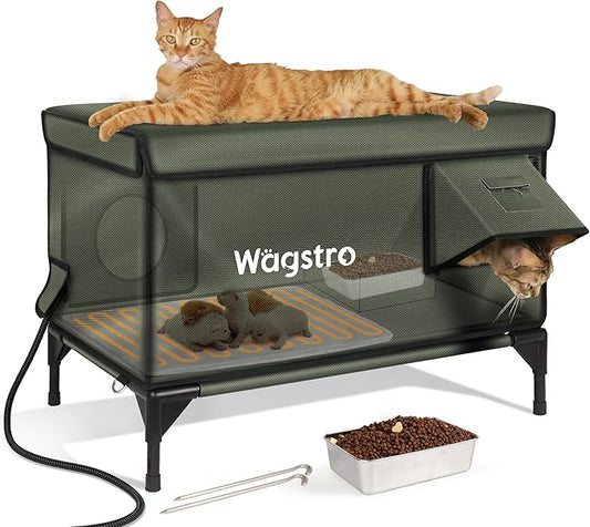Ex-Large Heated Cat House for Outside in Winter, 100% Waterproof, Escape Door, 6" Elevated, Weatherproof Insulated Outdoor Cat House Shelter with Heater for Stray Feral Cat (Olive Green, 29"x17"x20")