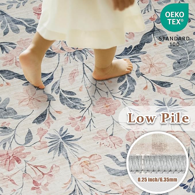 Area Rugs 9x12 Living Room: Lagre Boho Living Room Rug Soft Non-Slip Thin Carpet Indoor Floor Non-Shedding Neutral Floral Carpets for Bedroom Dining Room Farmhouse Nursery Multi