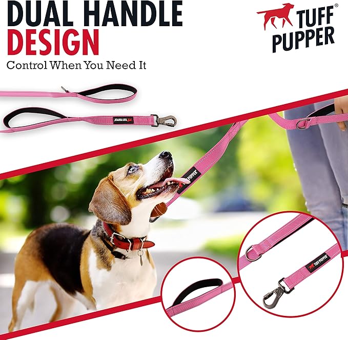 Tuff Pupper Heavy Duty Double Handle Leash | Twist Locking Carabiner Clip | Safety Lock for Strong Dogs | Reflective for Safe Night Walks | 6 Foot Leash for Medium & Large Dogs