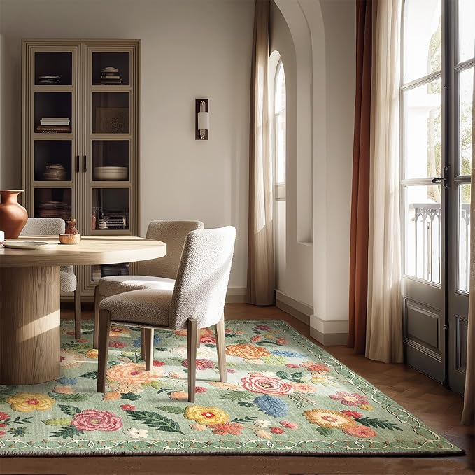Machine Washable Area Rugs for Bedroom: 5'x7' Living Room Rug Floral Vintage Rug Stain Resistant Non Slip Low Pile Faux Wool Soft Green Rugs for Dining Room Bedside Kitchen Entryway Nursery Office