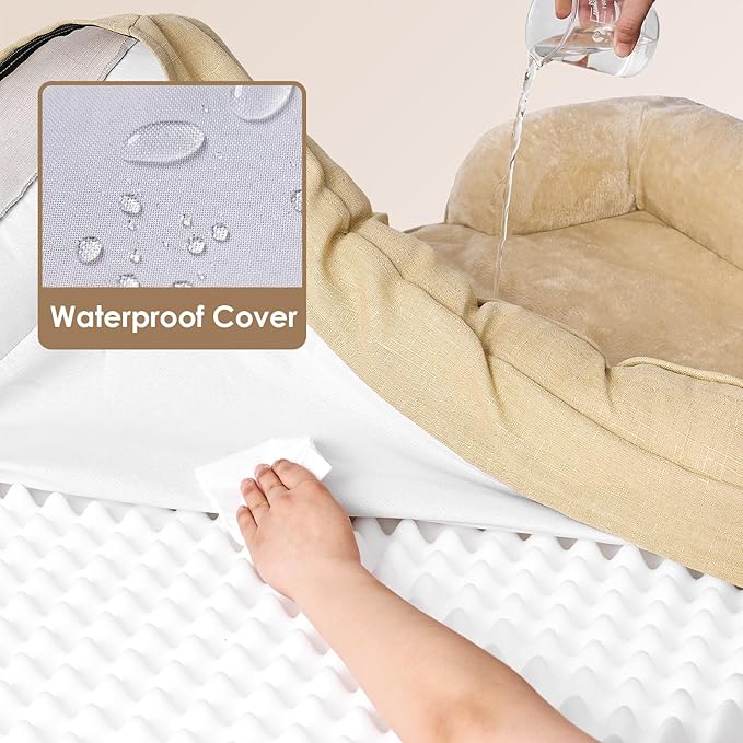 EHEYCIGA Orthopedic Dog Beds for Large Dogs, Waterproof Memory Foam Large Pet Bed with Sides, Non-Slip Bottom and Egg-Crate Foam Dog Couch Bed with Washable Removable Cover, Greige