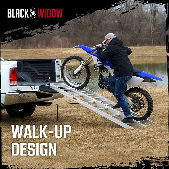 Black Widow Aluminum Motorcycle Ramp, Folding Ramps with Steps, 750 Lbs Capacity, Silver - Portable Loading Equipment and Storage Accessories for Motorcycles, Trucks, Trailers and Vehicles