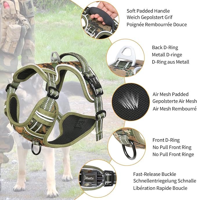 HEELE Dog Harness, No Pull Adjustable Padded Reflective Harness for Small Medium Large Dogs with Handle for Walking Training, Camo Green, XL
