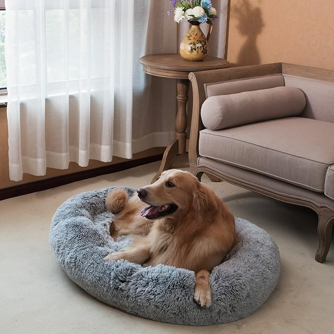 Coohom Oval Calming Donut Cuddler Dog Bed,Shag Faux Fur Cat Bed Washable Round Pillow Pet Bed(30"/36"/43") for Small Medium Dogs (XL(36"x27"x7"), Grey)