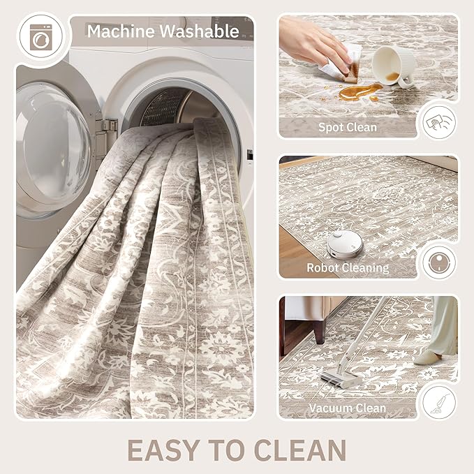 5x7 Area Rugs for Living Room, Washable Vintage Floral Non-Slip Low Pile Natural Rug Soft Throw Carpet for Dining Room Bedroom Home Office Nursery (Light Brown, 5'x7')
