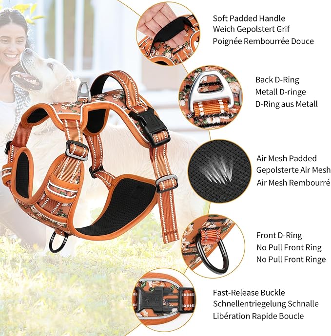 HEELE Dog Harness, No Pull Adjustable Padded Reflective Harness for Small Medium Large Dogs with Handle for Walking Training, Flower-Orange,XL