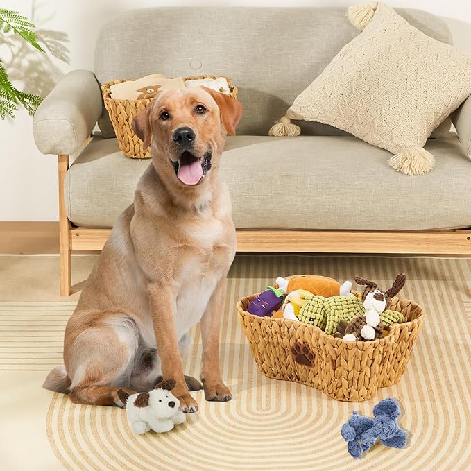 FairyHaus Dog Toy Basket Organizer with Dog Paw Decor, 1Pack Wicker Bone Shape Dog Toy Bin for Organizing, Natural Water Hyacinth Dog Toy Box for Pet Chew Toys Blanket Treats Storage
