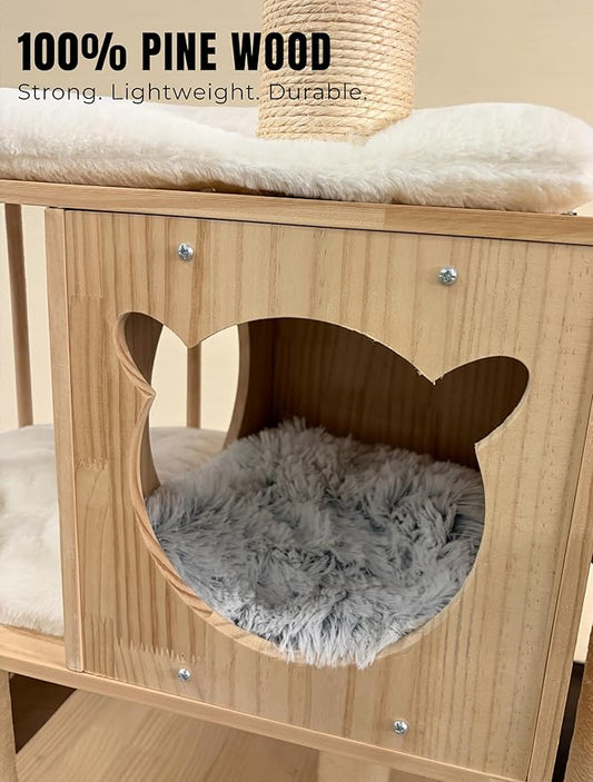 Multi-Level Pine Wood Cat Tree Tower for Indoor Large Cats – Solid Cat Condo House with Plush Beds - Sisal Scratching Posts – Sturdy Cat Furniture, 55", White
