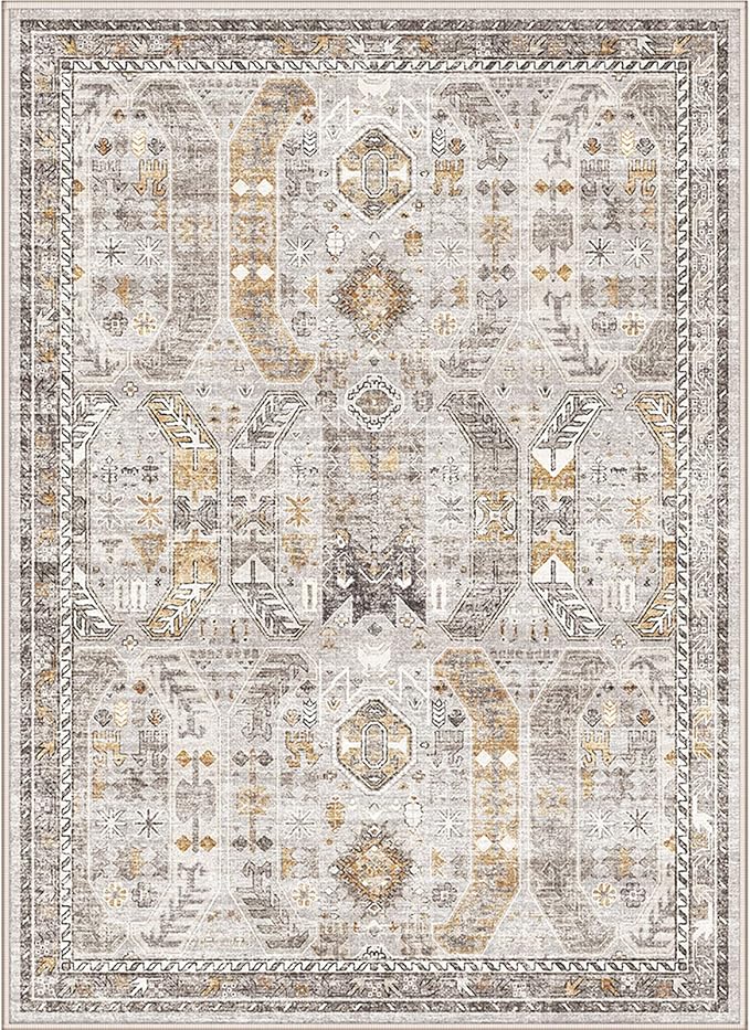 5x7 Area Rugs for Living Room,Stain Resistant Washable Rug,Non-Slip Backing Rugs for Bedroom,Kitchen,Printed Vintage Home Decor Rug (Brown/Gold, 5'x7')