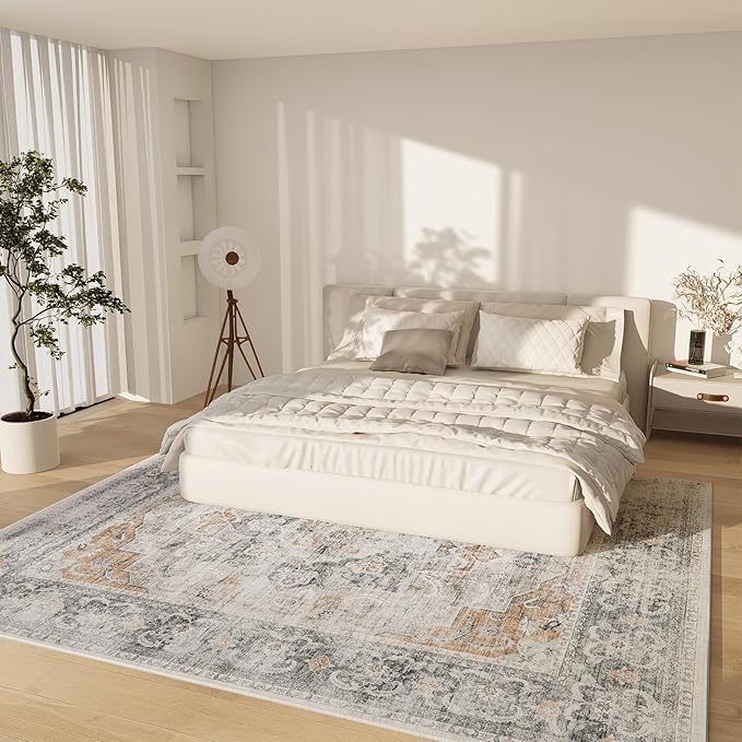Machine Washable Living Room Rug: 5'x7' Bedroom Rugs Boho Vintage Large Rug Stain Resistant Non Slip Low Pile Faux Wool Soft Rugs for Dining Room Bedside Kitchen Entryway Nursery Home Office