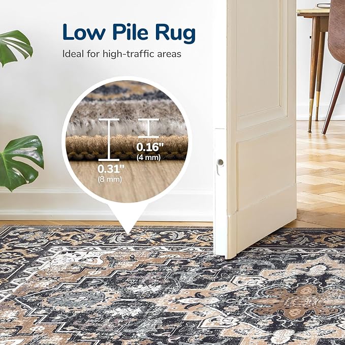Lessymo Area Rugs 5x8, Machine Washable Area Rug, Super Soft Faux-Wool Area Rugs for Living Room Bedroom Kitchen, Boho Vintage Floral, Non-Slip Low Pile, Kid & Pet Friendly, Black Brown