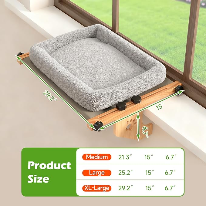 Cat Window Perch Sturdy Hammock Window Seat with Cushion Bed Cover, Wood & Metal Frame for Large Cats, Easy to Adjust Cat Bed for Windowsill, Bedside, Drawer and Cabinet (M)
