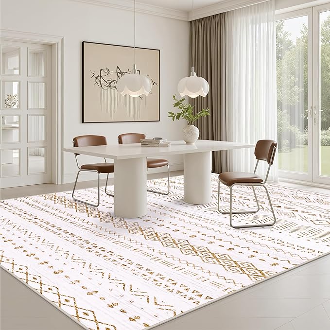 8x10 Area Rugs Living Room Rug: Washable Rug Neutral Lagre Soft Thin Carpet Indoor Floor Non Slip Boho Geometric Moroccan Carpets for Bedroom Dining Room Farmhouse Nursery Office - Brown