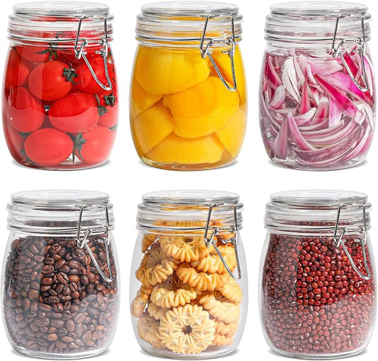 ComSaf 25oz Airtight Glass Canisters with Lids Set of 6, Round Food Storage Jar Container with Clamp Lids for Kitchen Canning Cereal Coffee Pasta Sugar Beans Spice, Clear Mason Jars with 12 Labels