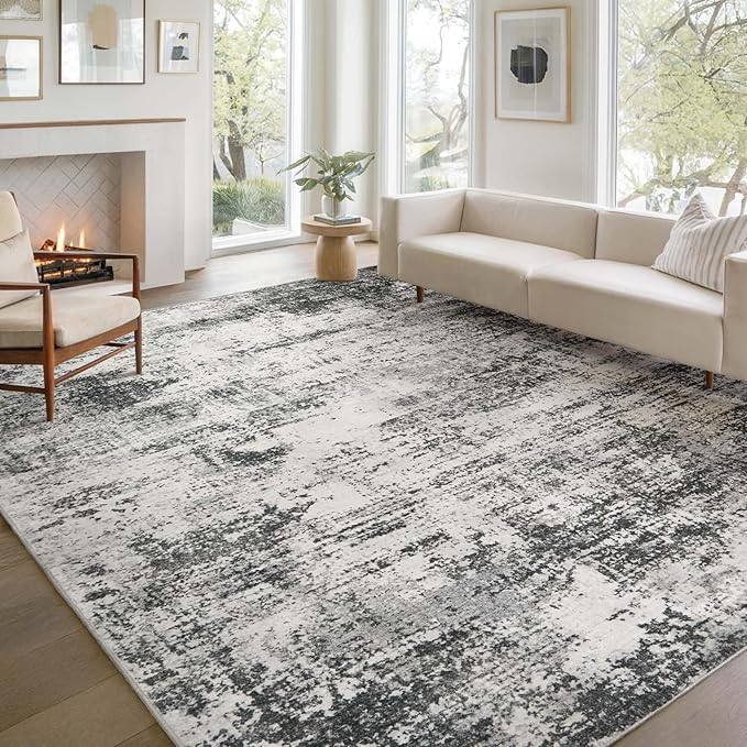 Area Rug Living Room Washable Rugs: 9x12 Modern Neutral Abstract Low Pile Non Slip Floor Carpet - Large Soft Thin Stain Resistant Rug for Bedroom Dining Indoor Office Home, Dark Grey