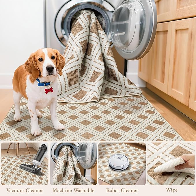LBRO2M Checkered Rug 8X10 for Living Room Washable Rugs for Bedroom Office Non Slip Modern Area Rugs Easy Clean, Soft, Stain Resistant Carpet Low Piles Great for Pets and Family (8'X10' Brown)