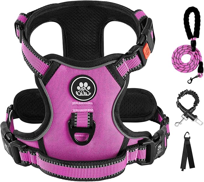 IVY&LANE No Pull Dog Harness for Medium Dogs,Dog Vest Harness with Leash,Safety Belt and Storage Strap, Fully Adjustable Harness,360° Reflective Strip,Soft Handle (Fuchsia Pink,M)