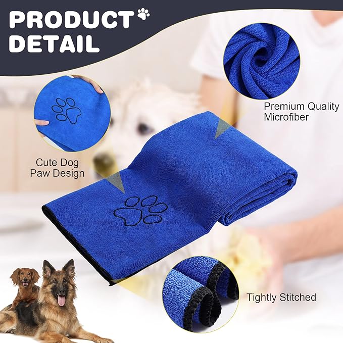 Chumia 4 Pack Dog Towels for Drying Large Microfiber Grooming Tools Absorbent Soft Bath Supplies with Embroidered Paw for Small Medium Pet Products(30 x 50 Inch,Blue)