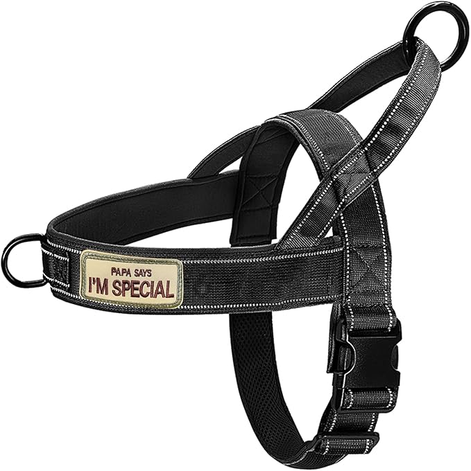 No Pull Dog Harness Black for Small Medium Large Sized Dog, Reflective Escape Proof Adjustable Dog Harnesses with 2 Patch, XL