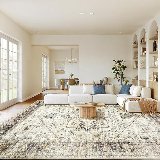 AMADA HOMEFURNISHING 9x12 Washable Area Rug, Low-Profile Large Area Rug with Non-Slip Backing & Durable Edge Binding, Vintage Large Rugs for Living Room, Bedroom & Dinning Room