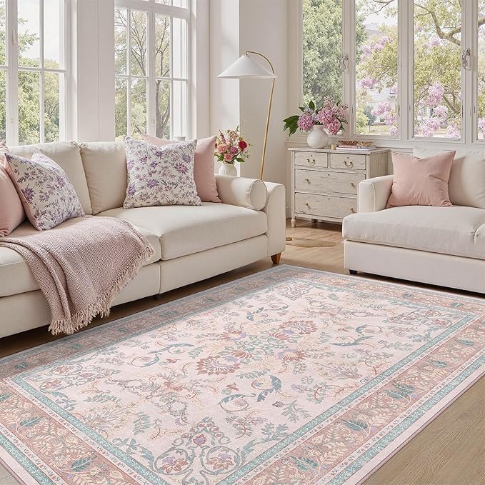 DCX Pink Floral 5x7 Area Rug, Machine Washable, Soft Vintage Floral Rug Non Slip Stain Resistant for Living Room, Bedroom, Dining Room, Nursery Carpets