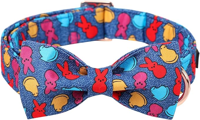 Maca Bates Easter Day Rabbit Dog Collar with Fancy Bow Tie for Extra Large Girl Boy Dogs, Blue Bunny Chick Pattern,Adjustable Durable Soft Breakaway Collars for Male Female Puppy