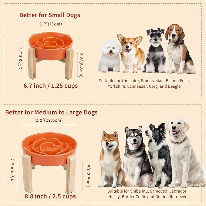 Elevated Slow Feeder Dog Bowl - Ceramic Maze Food Dish with Bamboo Stand - Raised Feeding Bowl for Fast Eaters - Ideal for Small and Medium Dogs - Orange - 6.7 inch