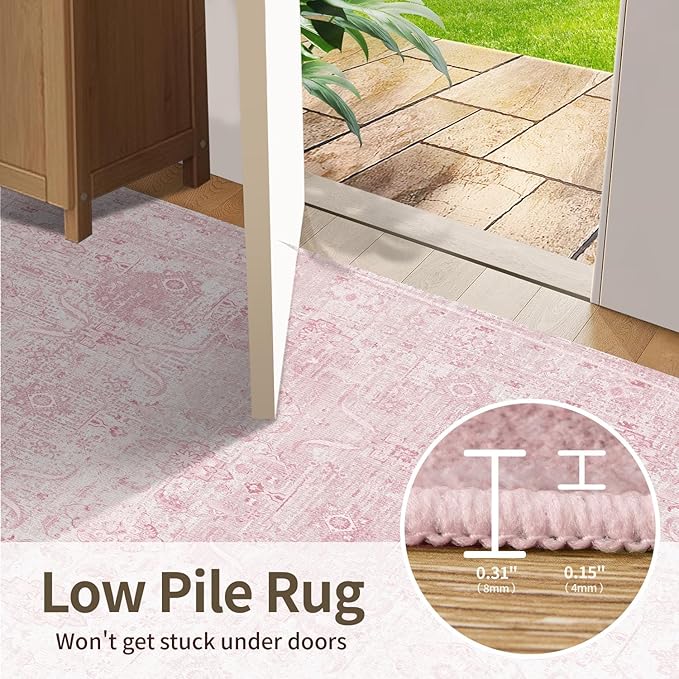 Pink Rug for Living Room Bedroom, 5x7 Area Rugs Washable Vintage Floral Retro Boho Non Slip & Low Pile Nursery Carpet for Indoor Girls Kids Room, Classroom, Dorm, Playroom and Dining Room