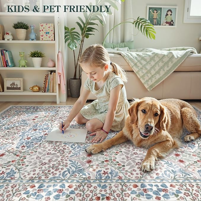 Lahome Floral Washable Kitchen Runner Rug, 2x6 Runners for Hallways Non Slip Ultra-Thin, Boho Soft Hallway Rug Forest Carpet Runners for Bedroom Bathroom Laundry Room, Beige/Blue
