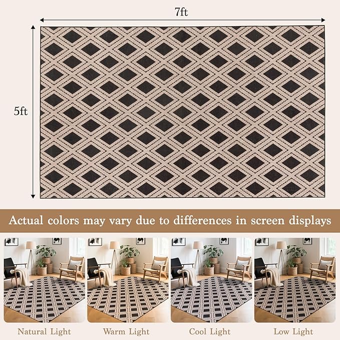LBRO2M Checkered Rug 5X7 Washable Rugs for Living Room Bedroom Non Slip Rugs Easy Clean, Soft Low Piles Stain Resistant Carpet Geometric Area Rug Great for Pets and Family (5'X7' Black)