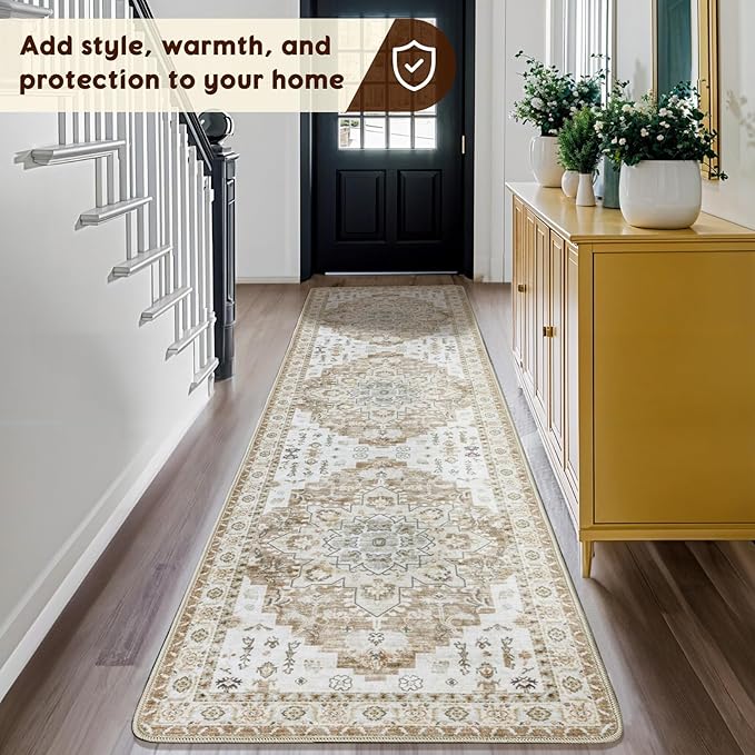 LBRO2M Boho Hallway Rug 2'X10’ Washable Runner Rugs Non Slip Low Piles Rugs Vintage, Soft, Cream Area Rug Runners for Hallways, Bedroom, Kitchen Laundry Room Pattern Print (2'X10', Cream)