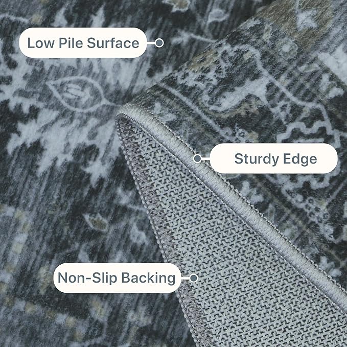 GENIMO 2x12 Runner Rugs for Hallway, Machine Washable Non Slip Vintage Rugs, Low Pile Lightweight Soft Print Rug for enrtyway, Corridor, Home Office, Kitchen,Dark Gray