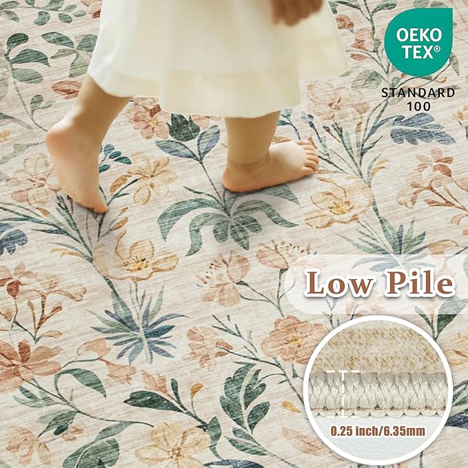 10x14 Area Rugs Washable Rug: Lagre Boho Living Room Rug Soft Non-Slip Thin Carpet Indoor Floor Non-Shedding Neutral Floral Carpets for Bedroom Dining Room Farmhouse Nursery Beige