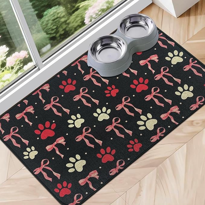 SHIYUE Dog Food Mats for Floors, Absorbent Cat Bowl for Food and Water, Non-Slip Accessories Pet Supplies(16"x24",Black Bow Footprint)