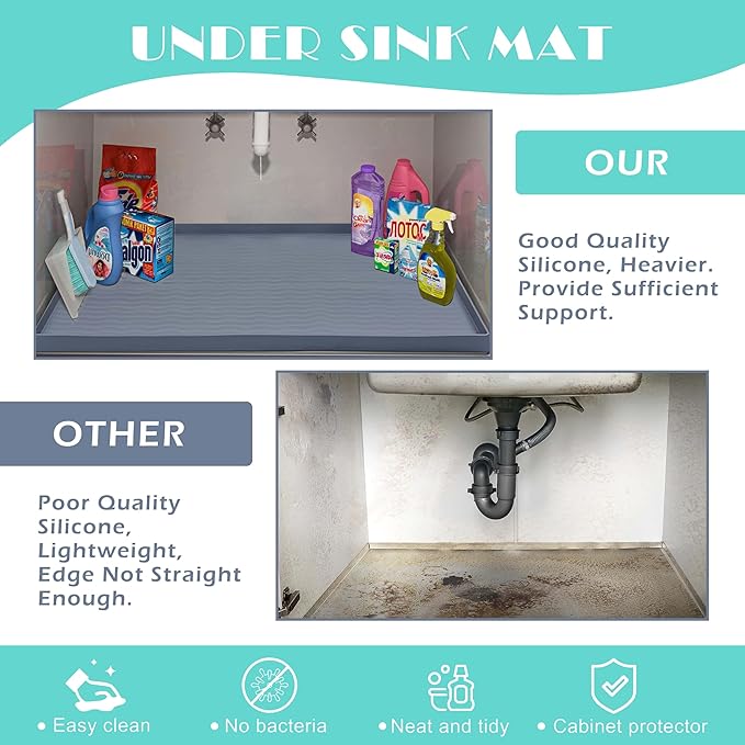 URMONA Waterproof Silicone Under Sink Mat 22'' x 14'' Shelf Liner for Kitchen and Bathroom, Cabinet and Counter Protector, Storage and Organizers, Litter Mat, Pet Cat Puppy Essentials(Brown )