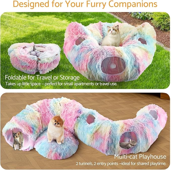 Cat Tunnel Bed, Collapsible Cat Tunnel with Washable Cushion,3-in-1 Multi-Functional Play Tunnel with Peek Holes & Ears, Indoor Playhouse for Cats Kittens Rabbits Small Dogs,Gift for Pet